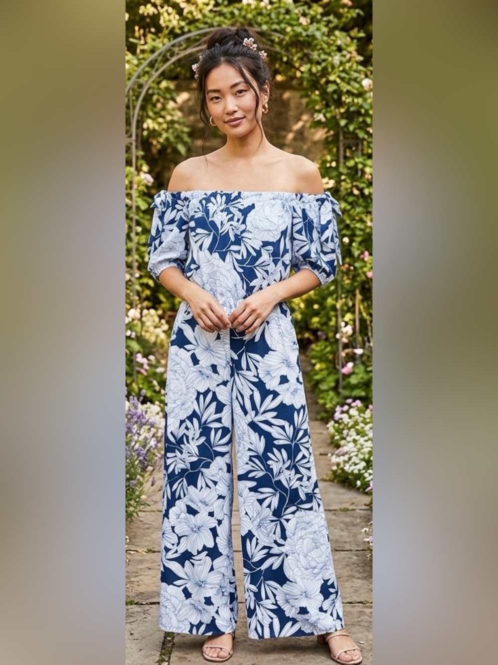Luxology Navy and White Floral Jumpsuit
